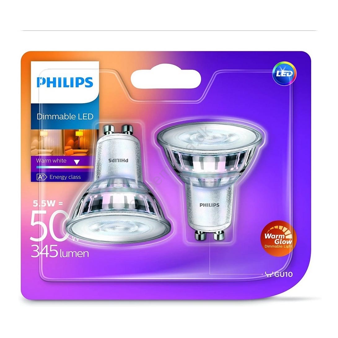 2 Led Pærer Dæmpbar Philips Warm Glow Gu10 5 5w 230v 2200k 2700k