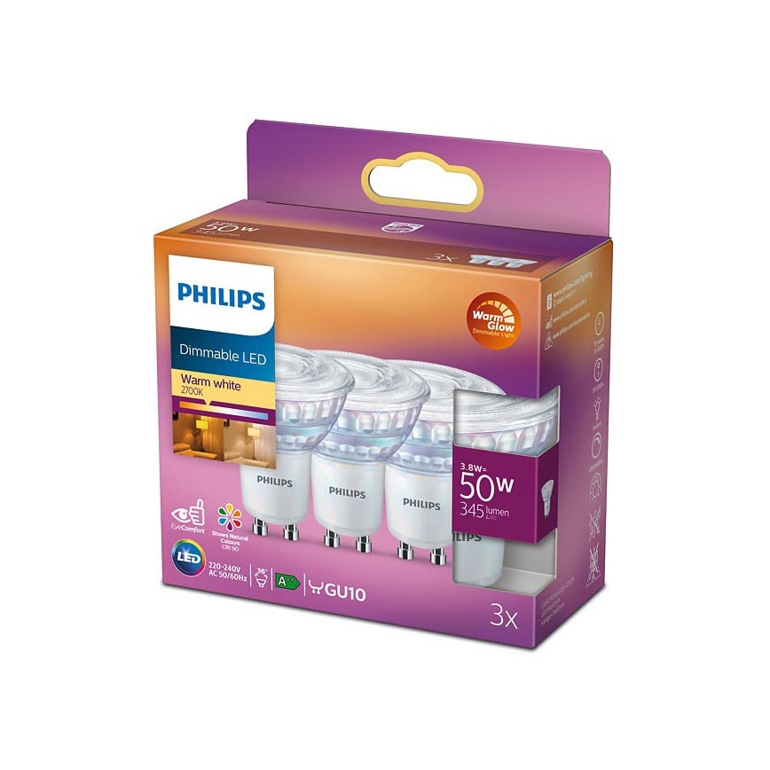 3x LED-pære dæmpbar Philips Warm Glow GU10/3,8W/230V 2200-2700K CRI 90