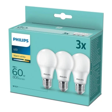 3x LED-pære Philips A60 E27/8W/230V 2700K