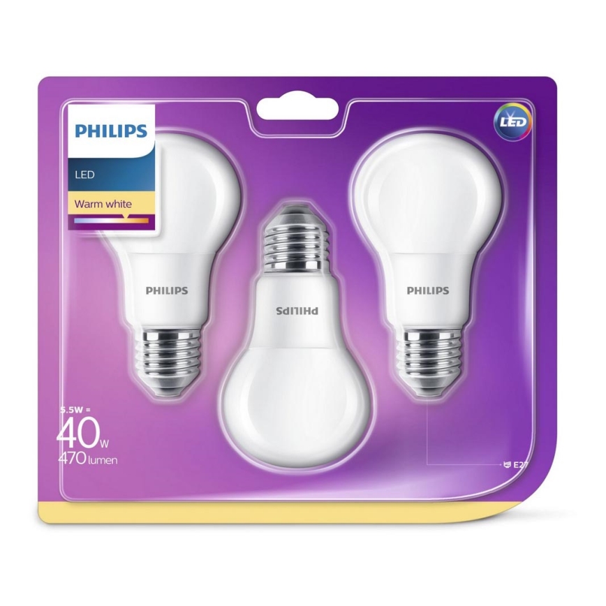 3x LED-pære Philips E27/5,5W/230V 2700K