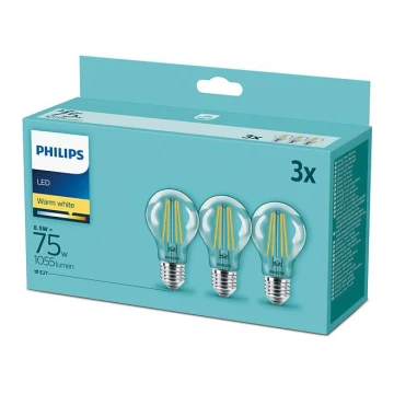 3x LED-pære Philips E27/8,5W/230V 2700K