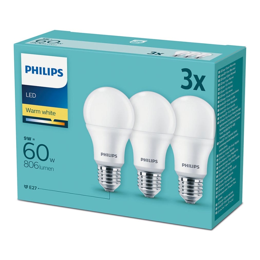 3x LED-pære Philips E27/9W/230V 2700K