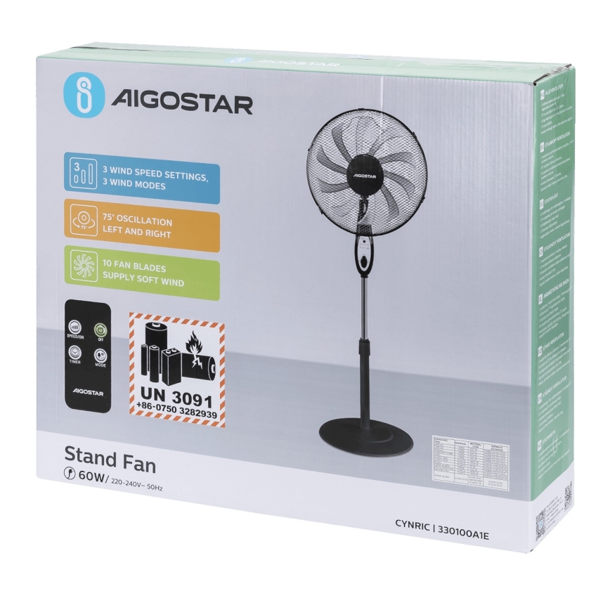 Aigostar - Gulvventilator 60W/230V sort + fjernbetjening