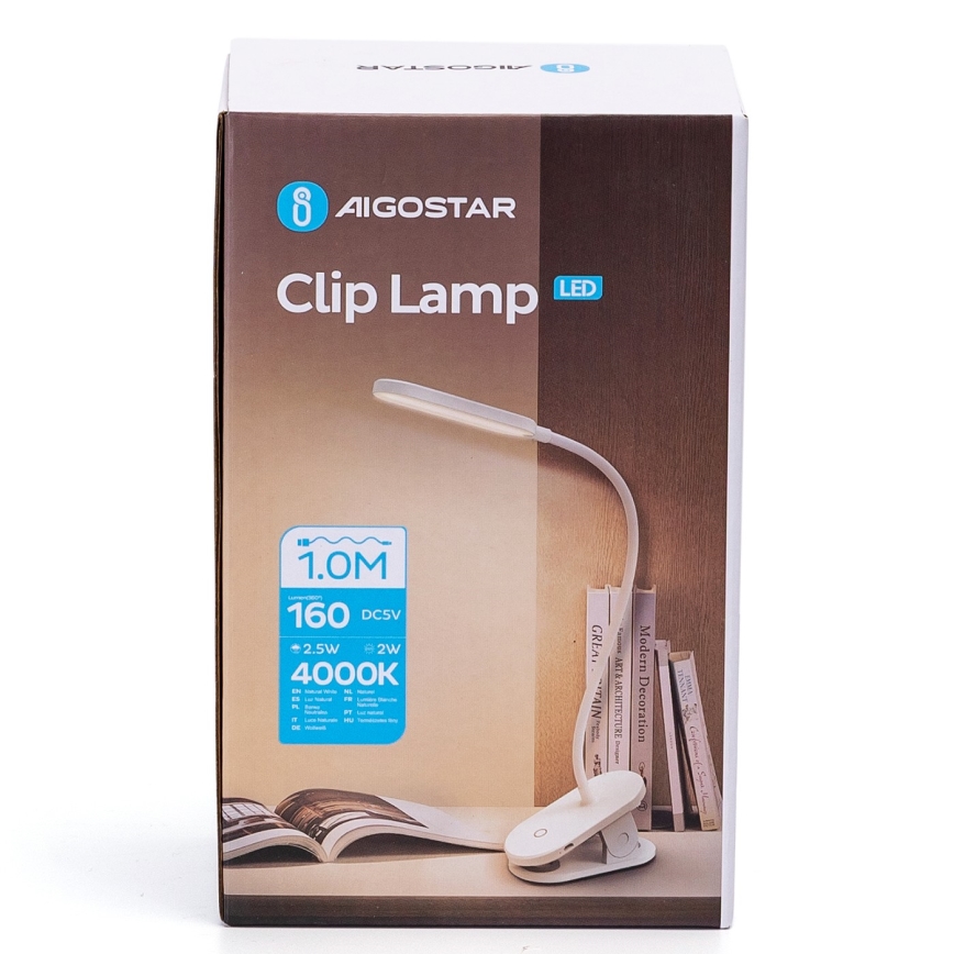 Aigostar - LED Bordlampe dæmpbar og genopladelig med klemme LED/2,5W/5V 1200mAh hvid