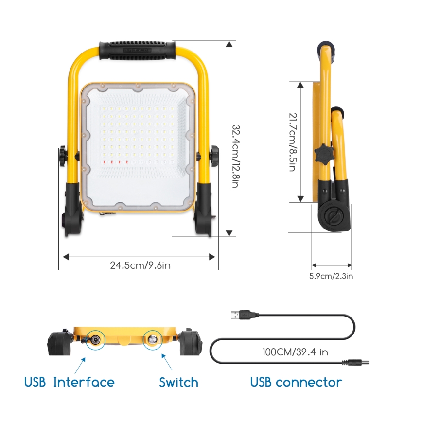 Aigostar - LED projektør dæmpbar og genopladelig LED/50W/5V 6500K IP65