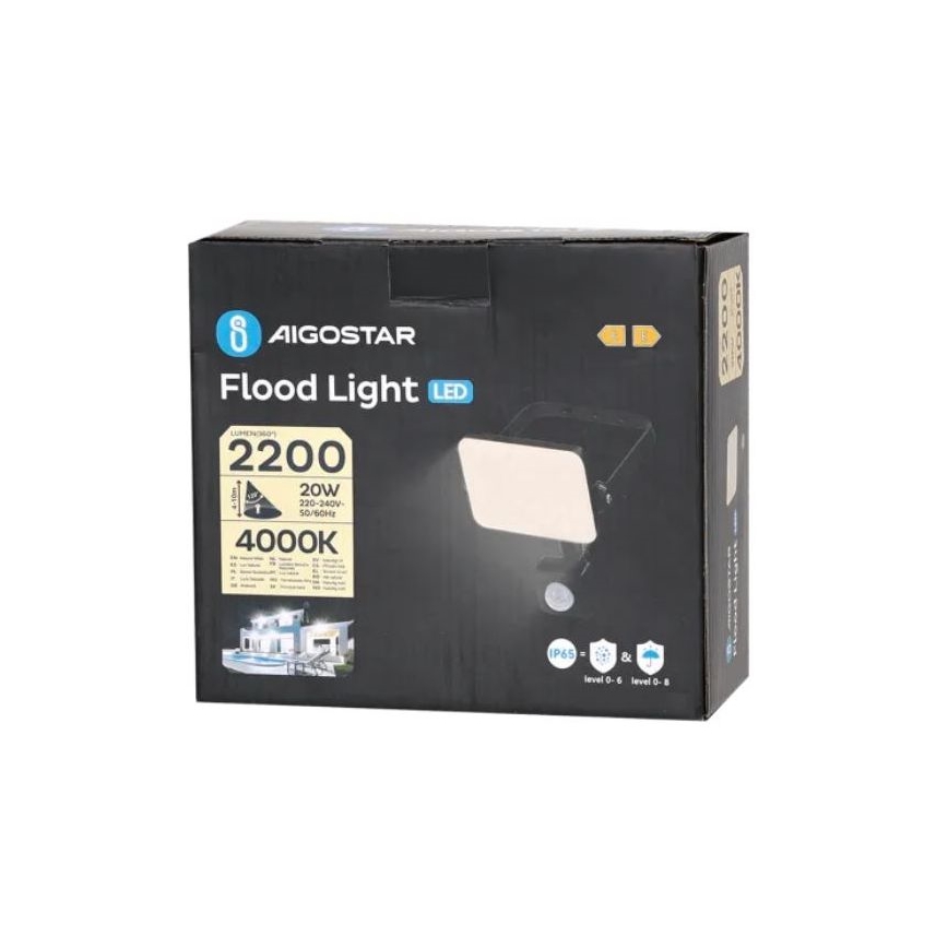 Aigostar - LED projektør med sensor LED/20W/230V 4000K IP65 sort