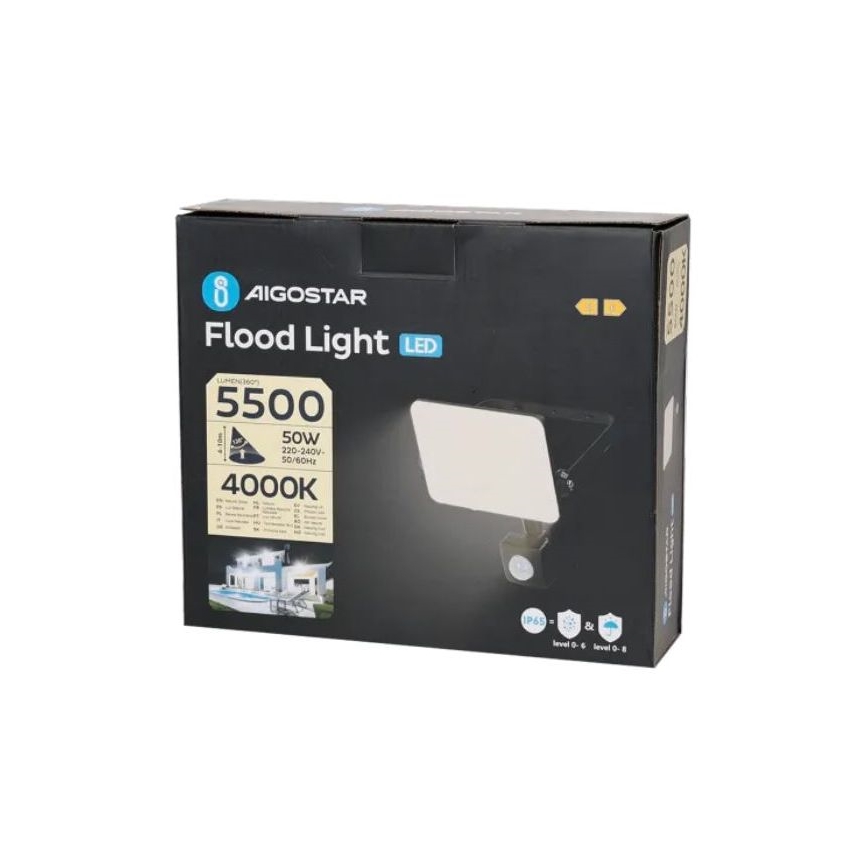 Aigostar - LED projektør med sensor LED/50W/230V 4000K IP65 sort