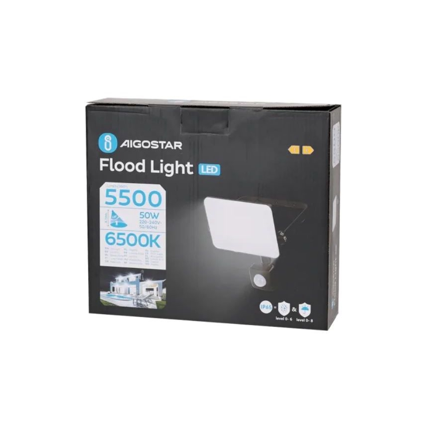 Aigostar - LED projektør med sensor LED/50W/230V 6500K IP65 sort