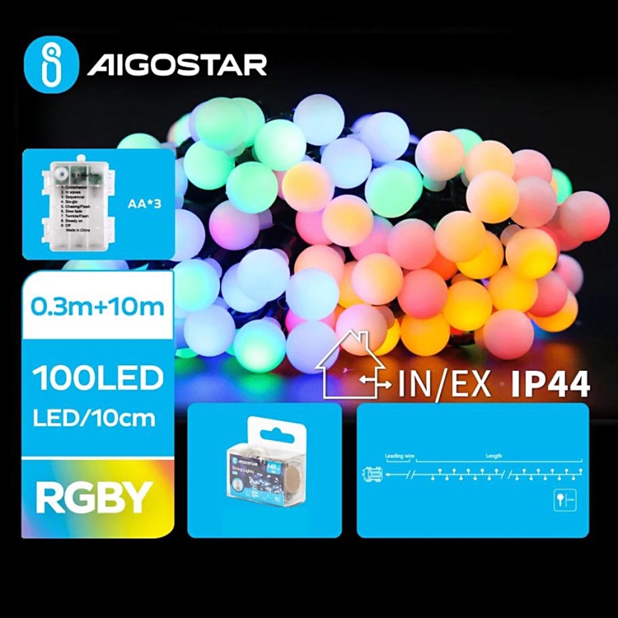 Aigostar - LED RGBY Udendørs julekæde 100xLED/3xAA/8 funktioner 10,3 m IP44