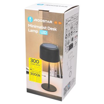 Aigostar - Soldrevet LED bordlampe dæmpbar og genopladelig LED/3W/5V 2200 mAh sort IP54