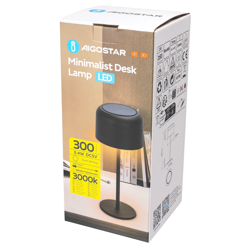 Aigostar - Soldrevet LED bordlampe dæmpbar og genopladelig LED/3W/5V 2200 mAh sort IP54