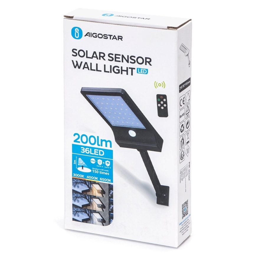 Aigostar - LED solcellelampe med sensor dæmpbar LED/2,3W/5,5V IP65 + fjernbetjening