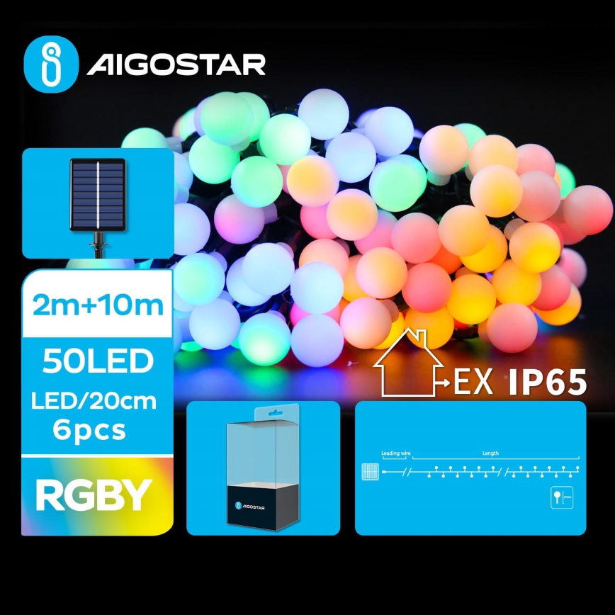 Aigostar - Soldrevet LED lyskæde 50xLED/8 funktioner 12 m IP65 flerfarvet