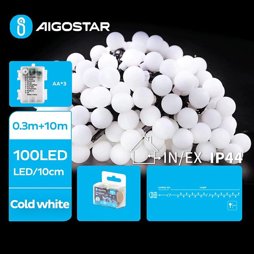 Aigostar - Udendørs LED julelyskæde 100xLED/3xAA/8 funktioner 10,3 m IP44 kold hvid