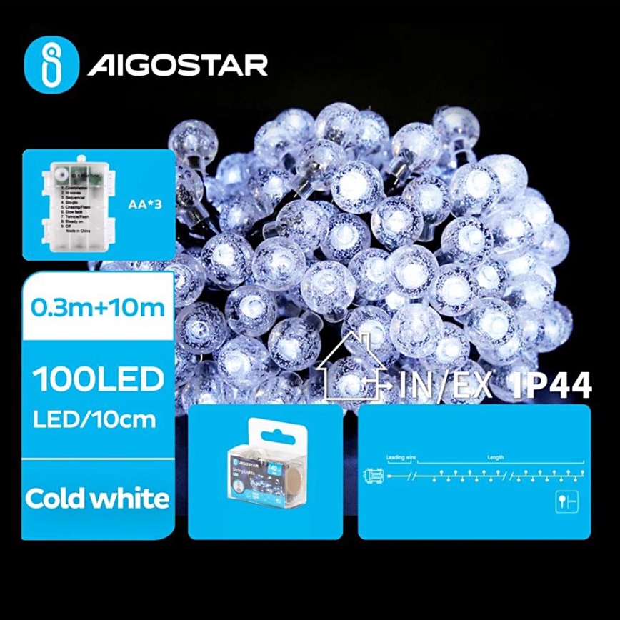 Aigostar - Udendørs LED julelyskæde 100xLED/3xAA/8 funktioner 10,3 m IP44 kold hvid