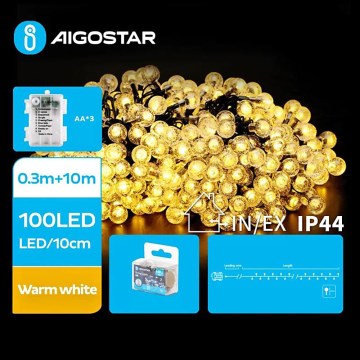 Aigostar - Udendørs LED julelyskæde 100xLED/3xAA/8 funktioner 10,3 m IP44 varm hvid