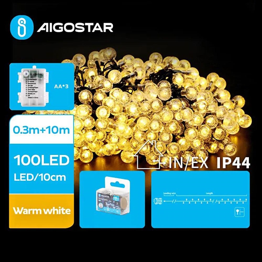 Aigostar - Udendørs LED julelyskæde 100xLED/3xAA/8 funktioner 10,3 m IP44 varm hvid