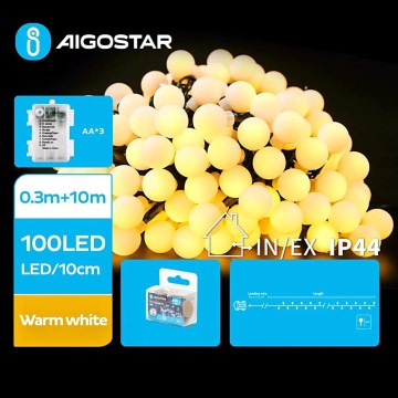 Aigostar - Udendørs LED julelyskæde 100xLED/3xAA/8 funktioner 10,3 m IP44 varm hvid