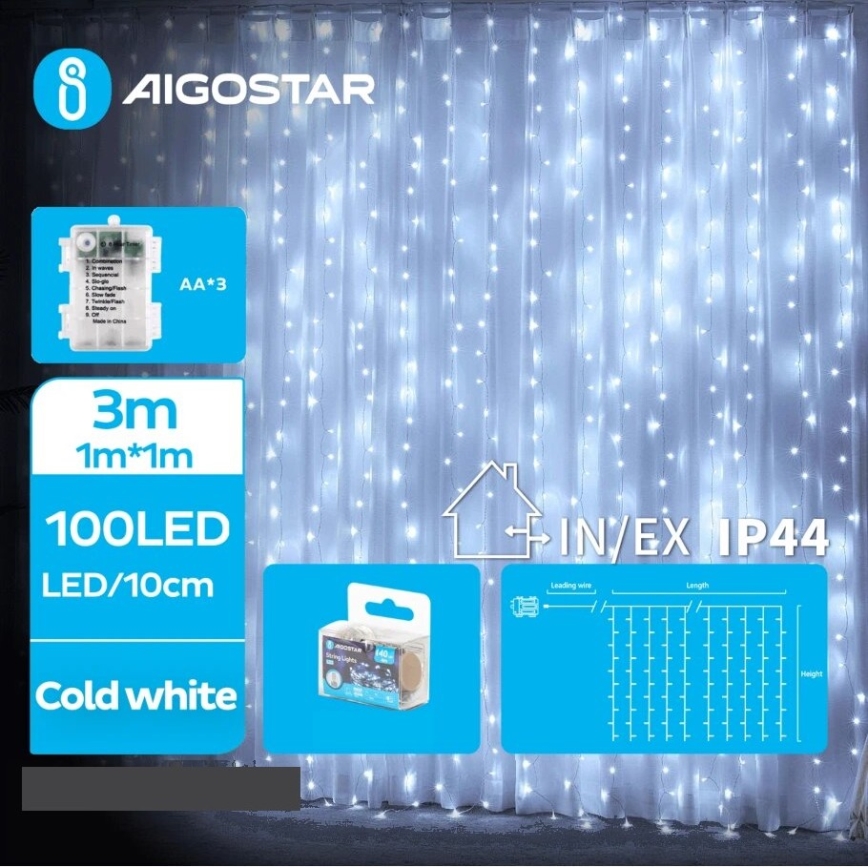 Aigostar - Udendørs LED julelyskæde 100xLED/8 funktioner 3xAA 4x1 m IP44 kold hvid