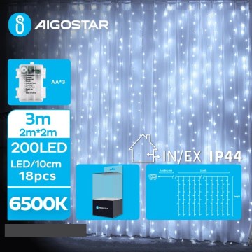 Aigostar - Udendørs LED julelyskæde 200xLED/8 funktioner 3xAA 5x2 m IP44 kold hvid