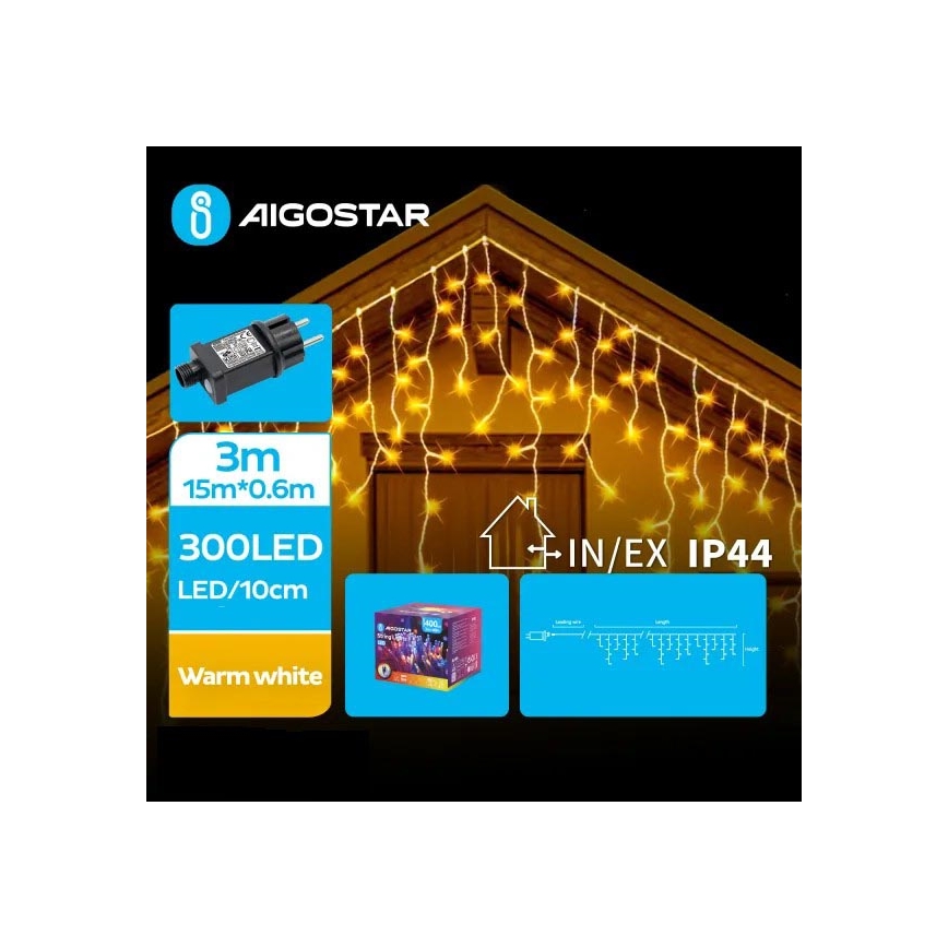 Aigostar - Udendørs LED julelyskæde 300xLED/8 funktioner 18x0,6 m IP44 varm hvid