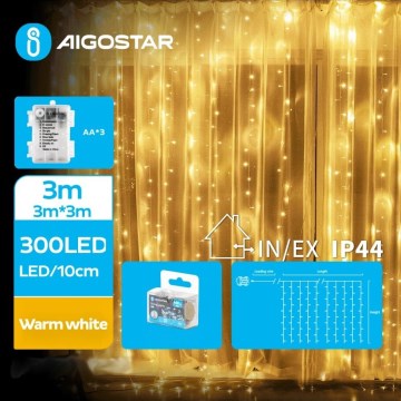 Aigostar - Udendørs LED julelyskæde 300xLED/8 funktioner 3xAA 6x2 m IP44 varm hvid