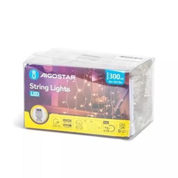 Aigostar - Udendørs LED julelyskæde 300xLED/8 funktioner 3xAA 6x2 m IP44 varm hvid