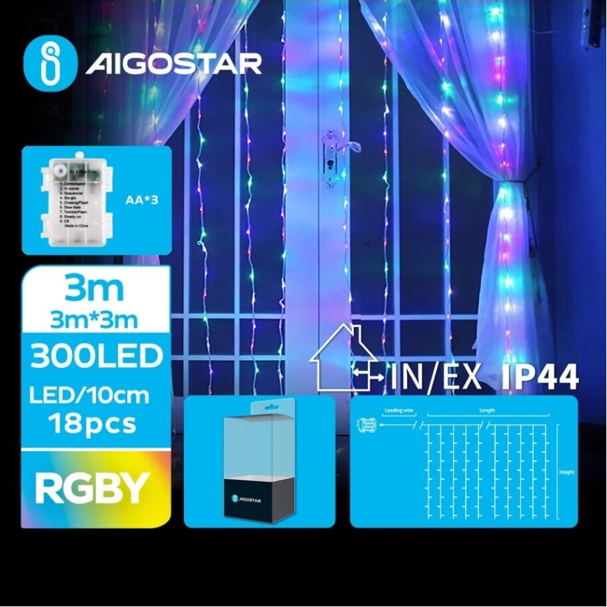 Aigostar - Udendørs LED julelyskæde 300xLED/8 funktioner 3xAA 6x3 m IP44 flerfarvet