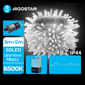 Aigostar - Udendørs LED julelyskæde 50xLED/8 funktioner 8m IP44 kold hvid