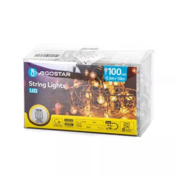 Aigostar - Udendørs LED julelyskæde 100xLED/3xAA/8 funktioner 10,3 m IP44 varm hvid