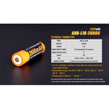 Fenix FE18650LI26USB - Genopladeligt batteri 1 stk. USB/3,6V 2600mAh