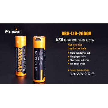 Fenix FE18650LI26USB - Genopladeligt batteri 1 stk. USB/3,6V 2600mAh