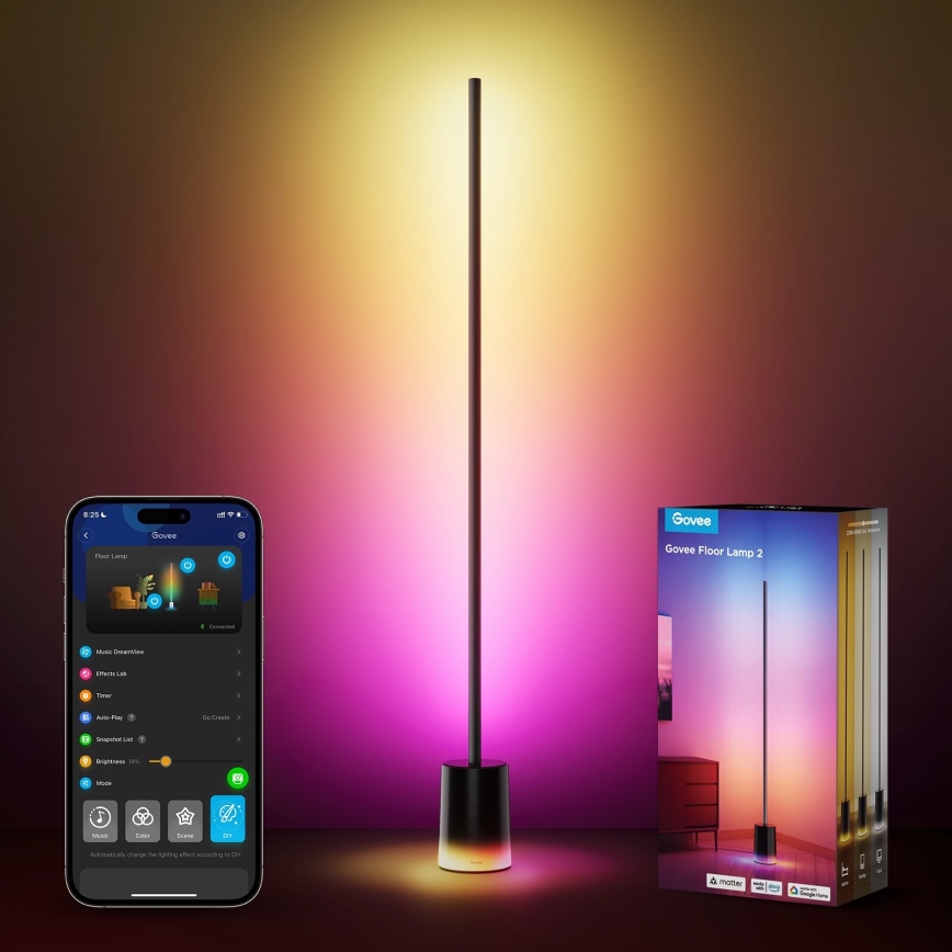 Govee - LED gulvlampe Smart MATTER LED RGBICWW 2200-6500K Wi-Fi + fjernbetjening