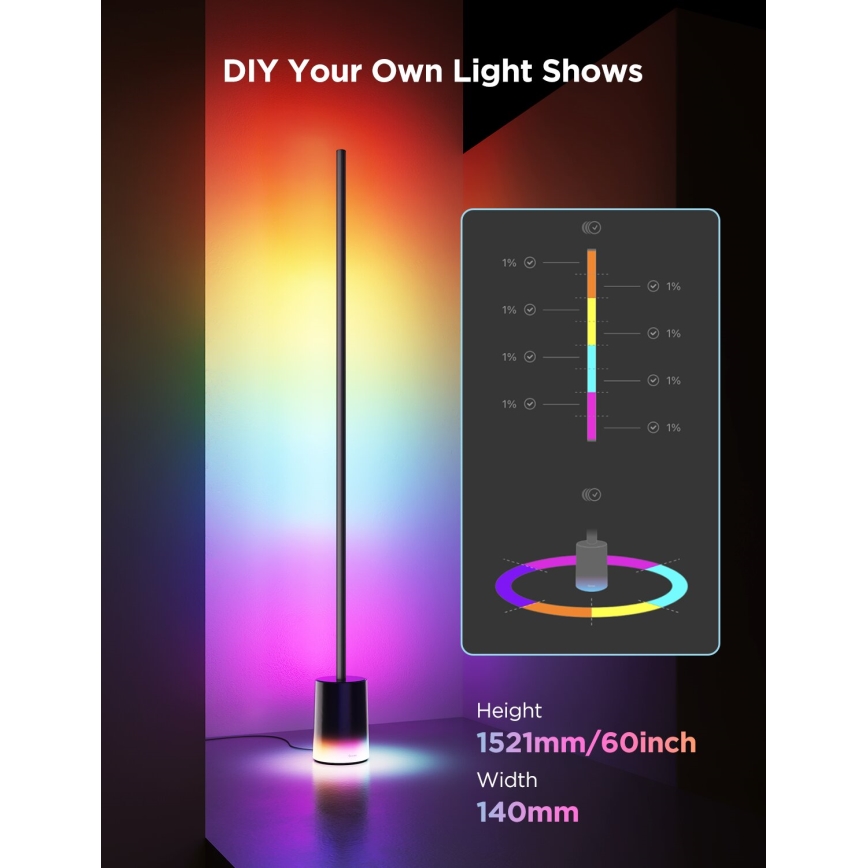 Govee - LED gulvlampe Smart MATTER LED RGBICWW 2200-6500K Wi-Fi + fjernbetjening