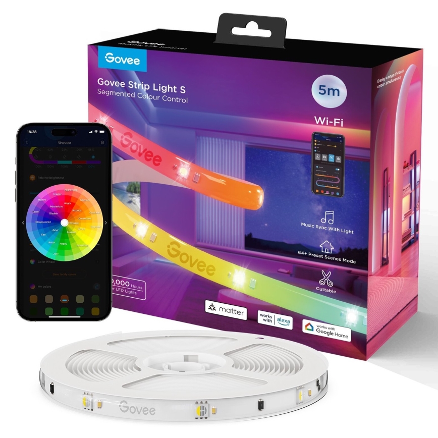 Govee - Wi-Fi RGBICW Smart PRO LED strip 5 m MATTER  - ekstra slidstærk