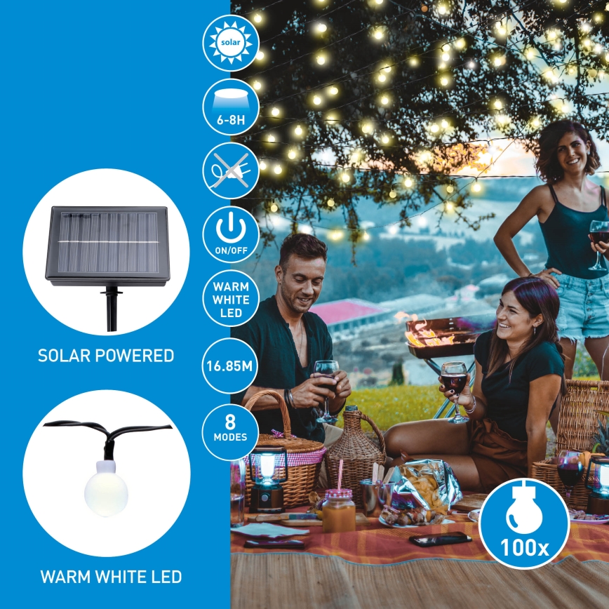Grundig - Soldrevet LED lyskæde 100xLED/8 funktioner 16,85 m varm hvid