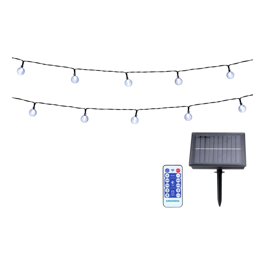 Grundig - Soldrevet LED lyskæde dæmpbar 50xLED/8 funktioner 9,35 m varm hvid + fjernbetjening