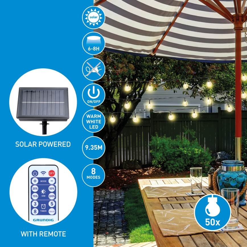 Grundig - Soldrevet LED lyskæde dæmpbar 50xLED/8 funktioner 9,35 m varm hvid + fjernbetjening