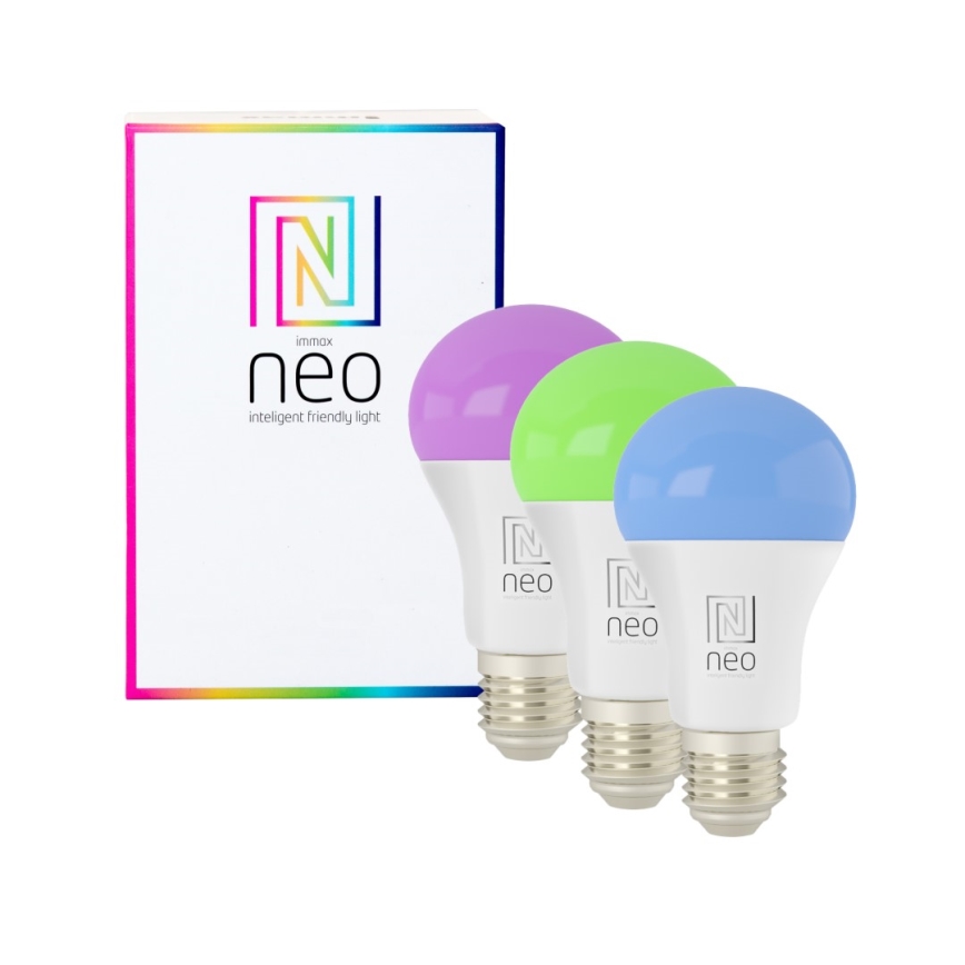 Immax NEO 07712CDO-SÆT 3xLED RGB Lyspære dæmpbar E27/9W/230V Wi-Fi Tuya + fjernbetjening