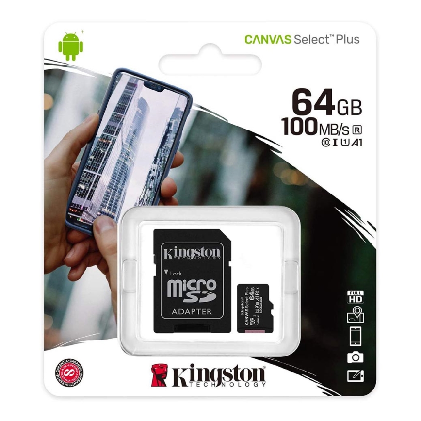 Kingston - MicroSDXC-kort 64GB Canvas Select Plus U1 100MB/s + SD-adapter