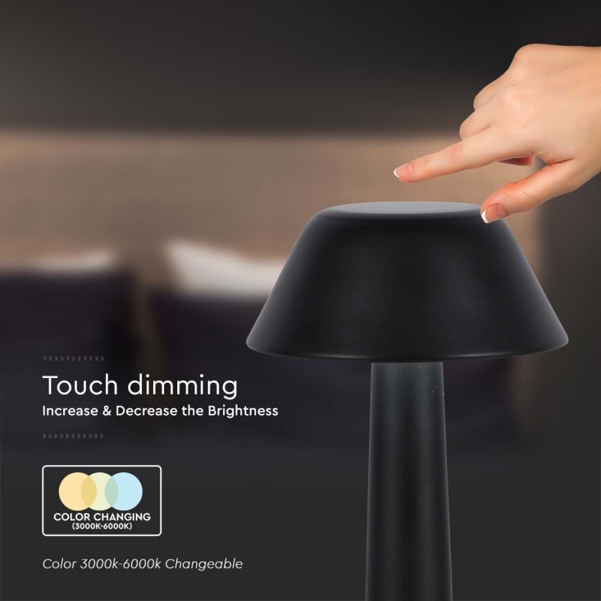 LED Genopladelig bordlampe m. touch-funktion dæmpbar LED/1W/5V 3000-6000K 1800 mAh sort