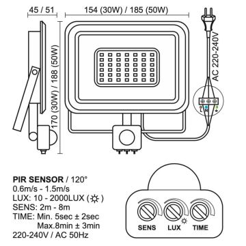 LED projektør med sensor LED/50W/230V 4000K IP44 sort