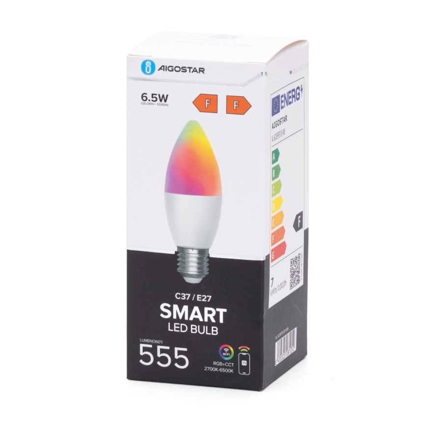 LED-pære med RGBW-farver dæmpbar C37 E27/6,5W/230V 2700-6500K Wi-Fi - Aigostar