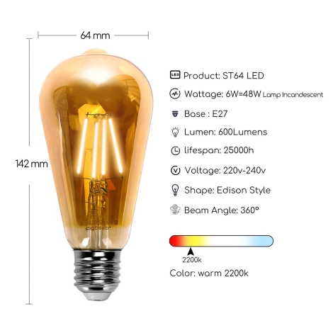 LED-pære ST64 E27/6W/230V 2200K - Aigostar