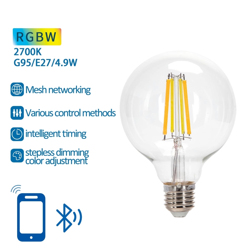 LED RGBW Lyspære FILAMENT G95 E27/4,9W/230V 2700K - Aigostar