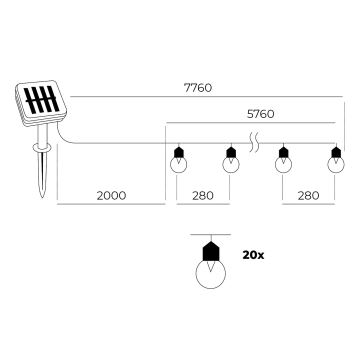 LED - Solar kæde 20xLED/0,12W/1,2V 1xAA IP44 3000K