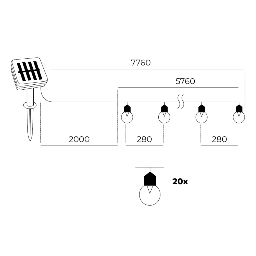 LED - Solar kæde 20xLED/0,12W/1,2V 1xAA IP44 3000K