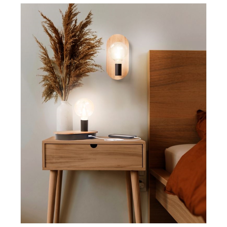 Ledvance - Bordlampe m. touch-funktion med USB connector DECOR WOOD 1xE27/8W/230V gummitræ