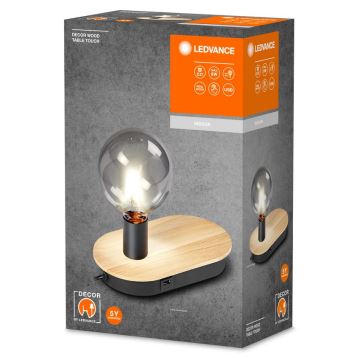 Ledvance - Bordlampe m. touch-funktion med USB connector DECOR WOOD 1xE27/8W/230V gummitræ