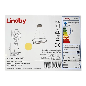 Lindby - LED pendel dæmpbar SMART VERIO LED/27W/230V 3000/4000/6000K + fjernbetjening